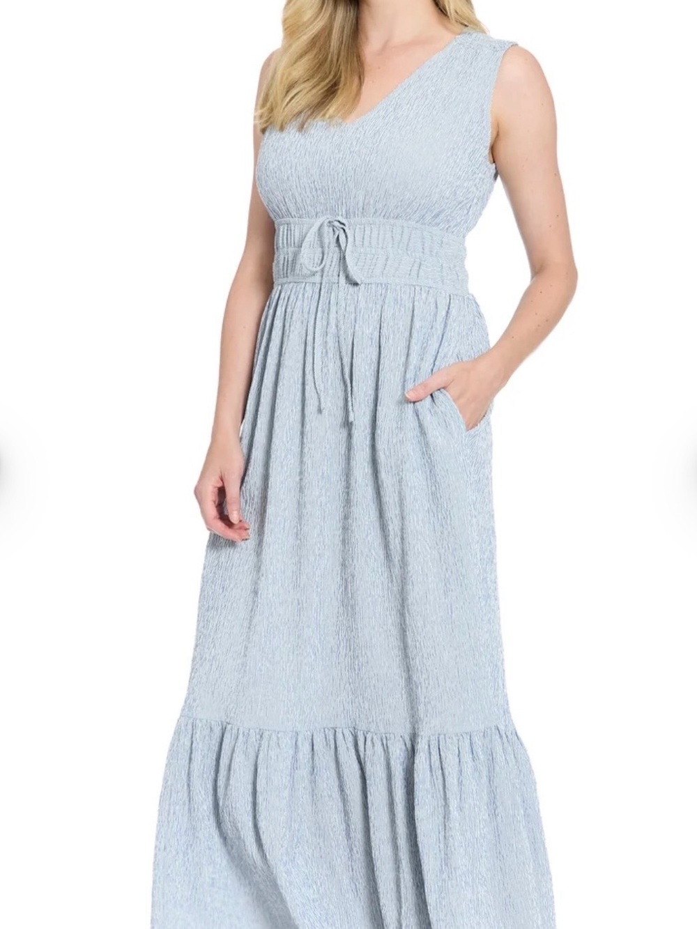 London Times Lorene Seersucker Smocked Waist Maxi Dress Blue White XL